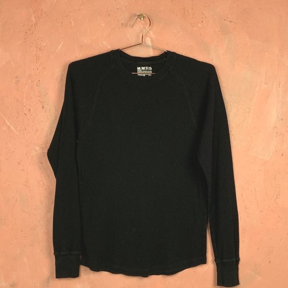 Black Waffle Knit T-Shirt / Long Sleeve Black T-Shirt / MEDIUM Black T-Shirt / - Picture 1 of 3